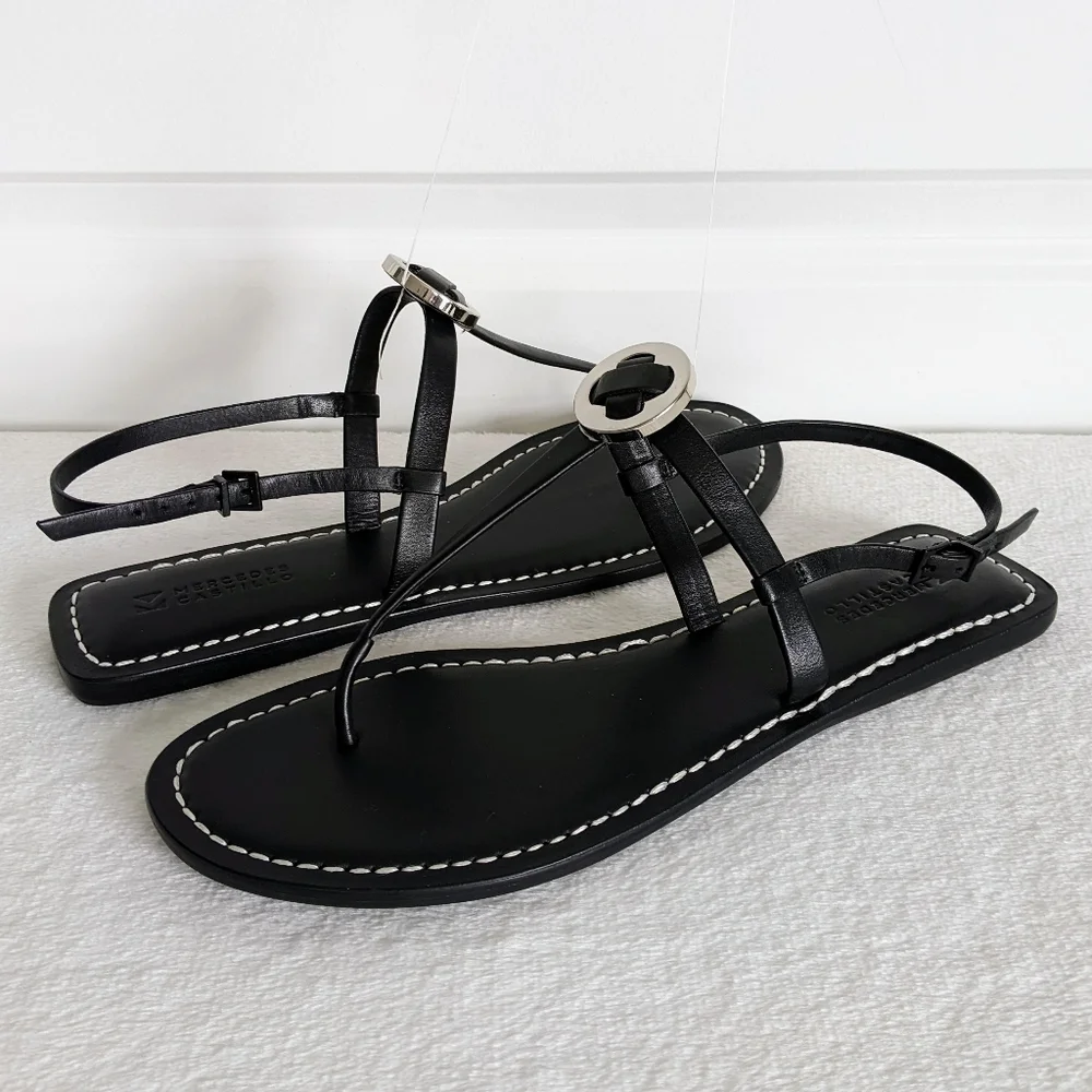 Mercedes Castillo Leather T-Strap Thong Sandal Flat Black Silver EU40 10 NWOB - Picture 8 of 15